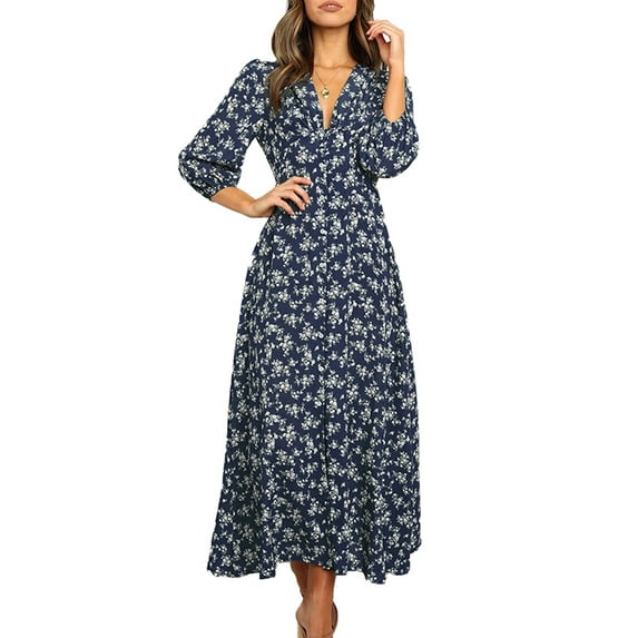 Frontwalk Women Maxi Dresses Floral Print Long Dress Sleeve Summer Beach Sundress Ladies Bohemian V Neck Dark Blue L