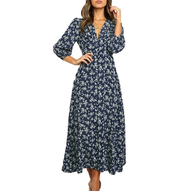 AMaVo - Womens Long Sleeve Bohemian Floral Maxi Dresses Loose Casual ...