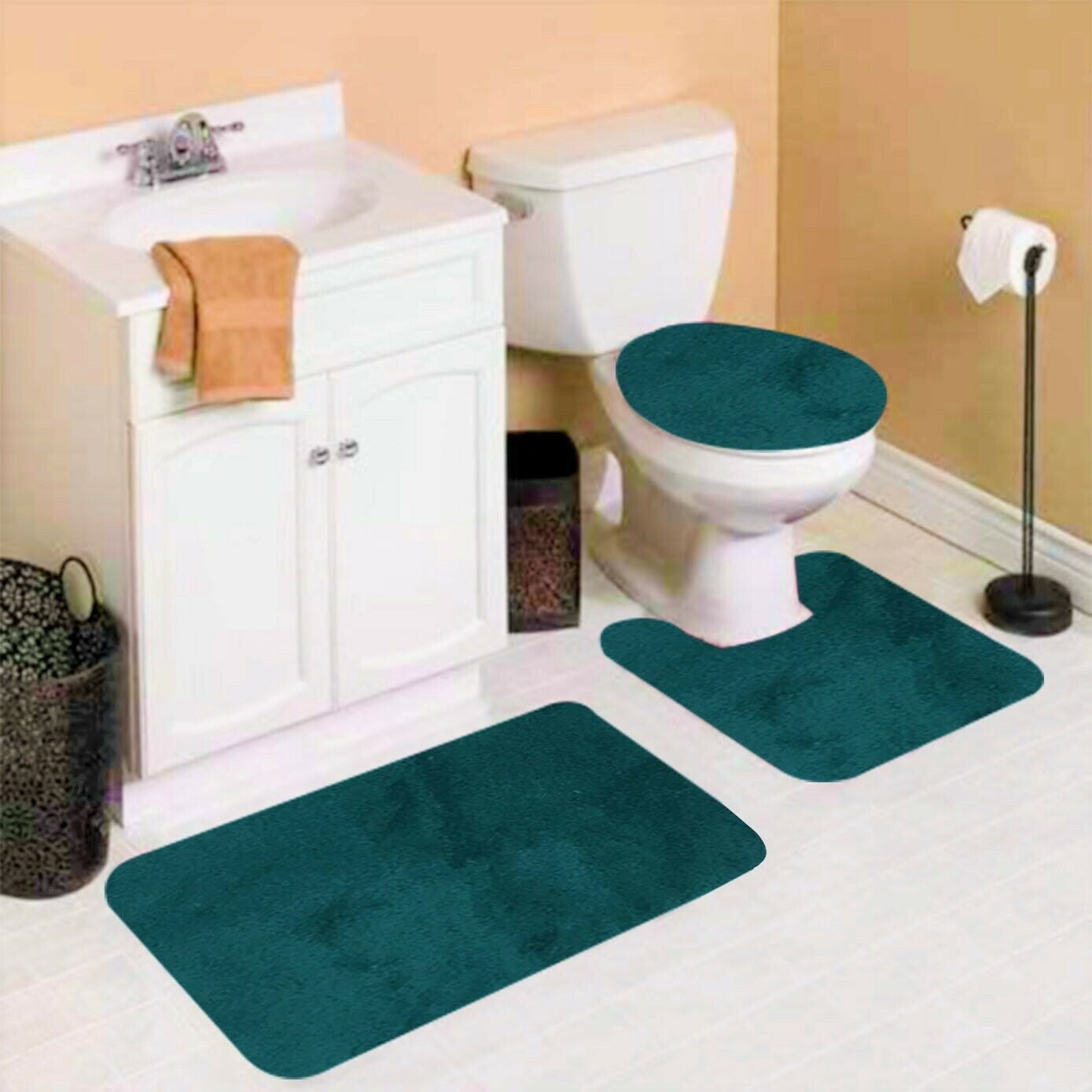 Set For Bathroom 3 Pieces Bath Mat Includes, 1 Contour Mat, 1 Lid Toilet Cover, 1 Bath Mat Ultra Absorbent with Anti-Slip With Rubber Backing #6 Hunter Solid Color