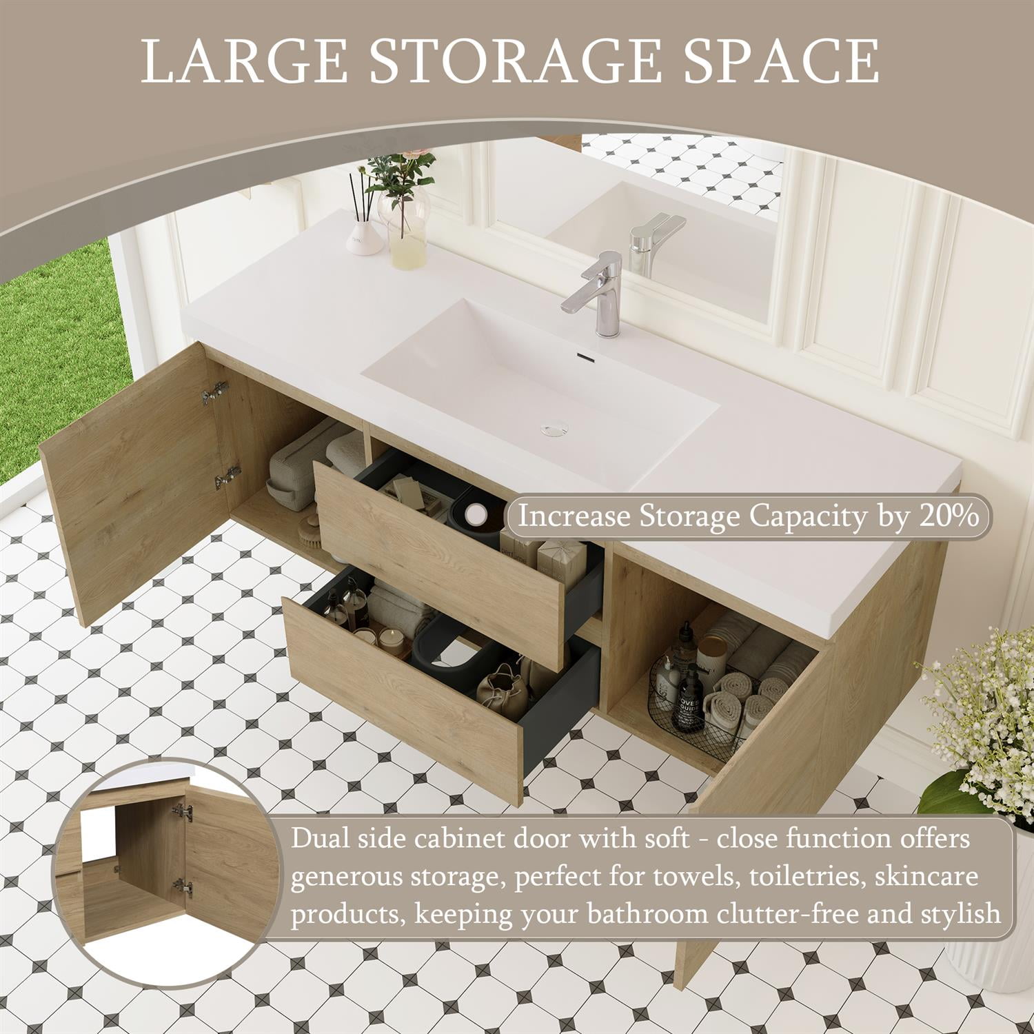 Demi Bonn 60" Floating Bathroom Vanity with Sink, Resin Top Basin and 2 Soft Close Drawers, 2 Storage Cabinet, Faucets and Drains Not Included, Brown