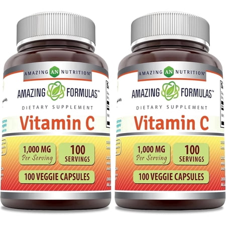 Amazing Formulas Vitamin C 1000 Mg Per Serving 100 Veggie Capsules Supplement | 100 Servings | Non-GMO | Gluten Free | Ideal for Vegetarians | Pack of 2