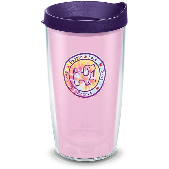 Tervis Made in USA Double Walled Puppie Love Insulated Tumbler Cup Keeps Drinks Cold & Hot, 16oz, Pink Tie Dye Pup