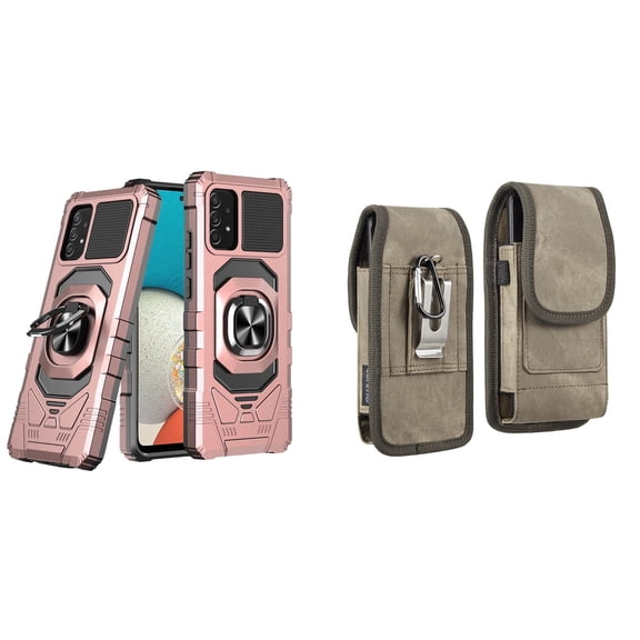 Case with Belt Holster Bundle for Samsung Galaxy A53 5G: Heavy Duty Shield Cover (Rose Gold) and Vertical Rugged Denim Nylon Phone Pouch (Brown)