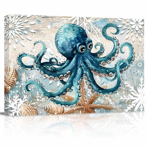 Teal Turquoise Octopus Canvas Print Wall Art Summer Ocean Coastal Marine Life Nautical Pictures Painting Morden Artwork for Living Room Bedroom, Ready to Hang - 12"x16"