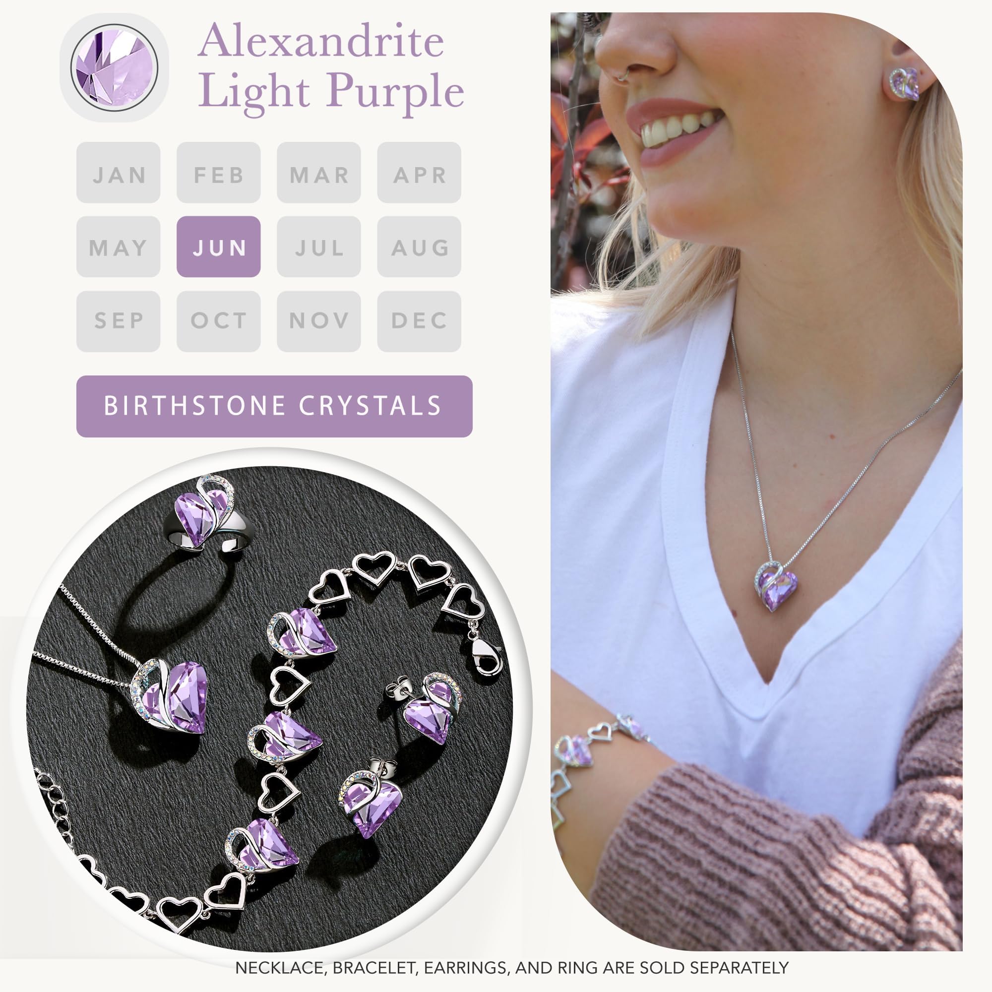 Leafael Earrings for Women with Birthstone Crystal for June, Mothers Day Gift for Mom, Heart Stud Post Earring with Alexandrite Lavender Purple Stone, Birthday Jewelry