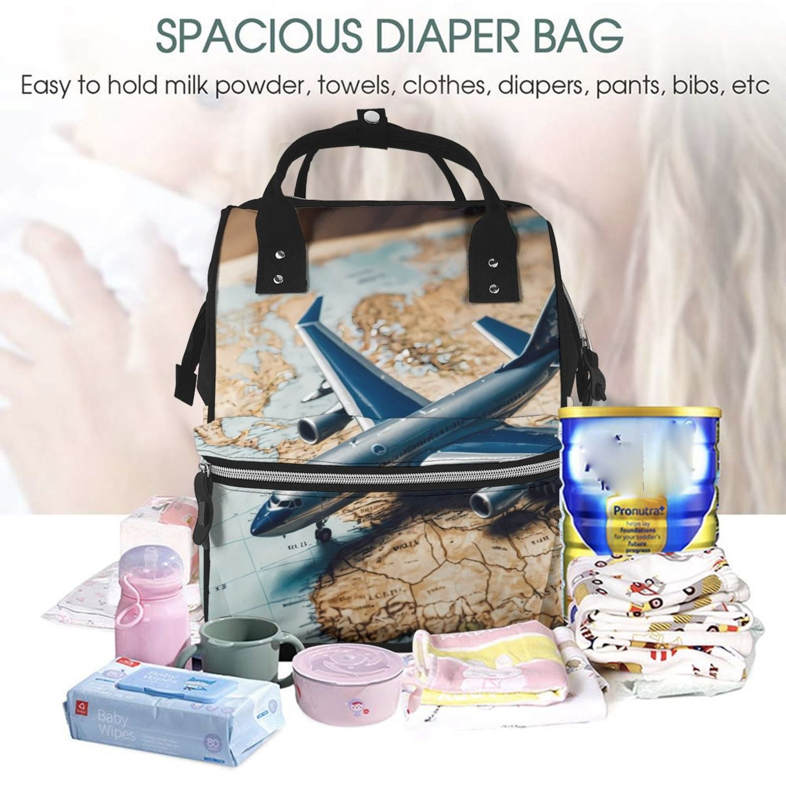 Defioc Airplane World Map Adventure for Baby Diaper Bag Backpack - Baby Bag for Boys & Girls - Diaper Backpack - Large Travel Diaper Bags- Baby Registry Search & Shower Gifts