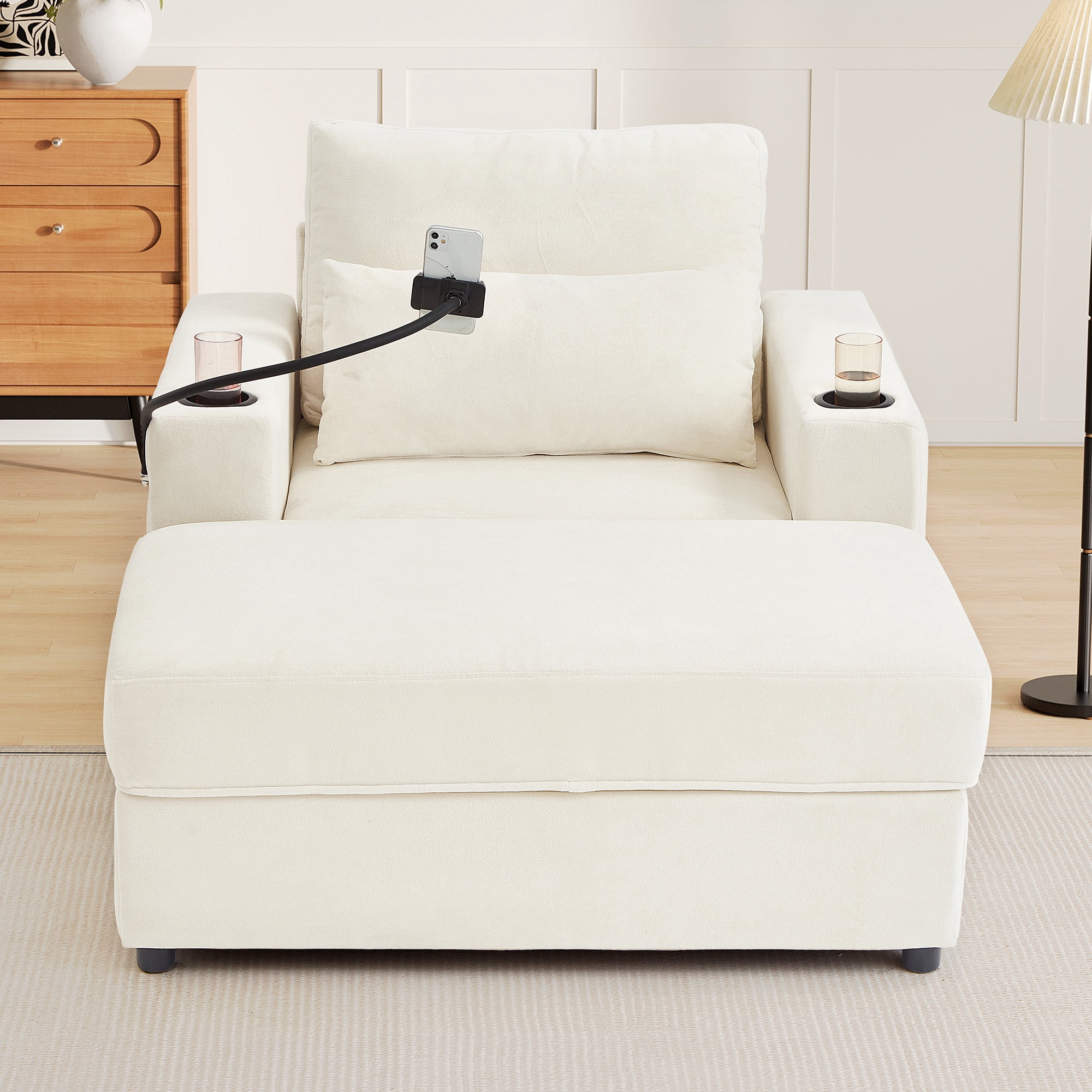 Euroco Convertible Chenille Recliner Chair with Storage Ottoman, USB Ports, Cup Holders & Phone Stand – Sleeper Armchair with Adjustable Backrest for Small Spaces