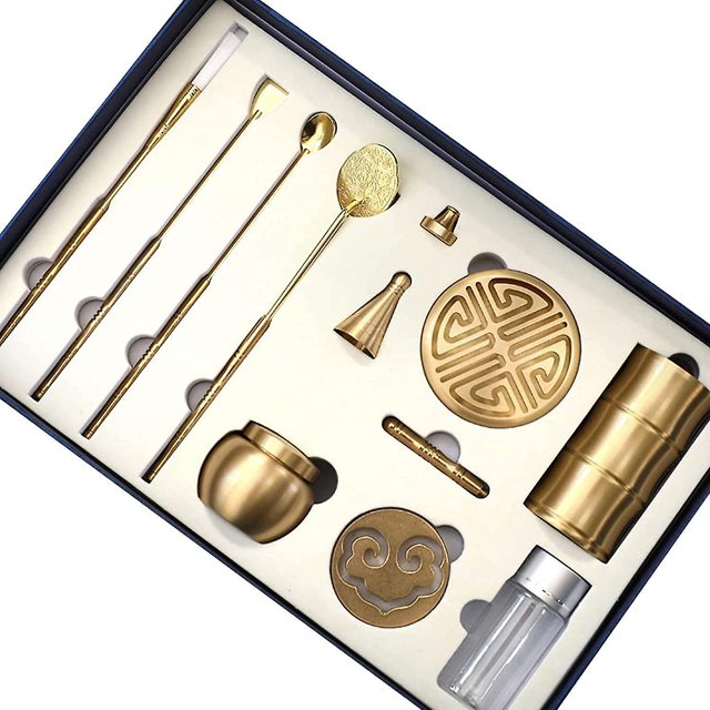 Juego de 11 piezas de latón para hacer incienso, herramienta de molde de incienso, moldes de cono de incienso de torre de reflujo de bricolaje, cuchara, prensa, pala, cepillo, botella ideal para