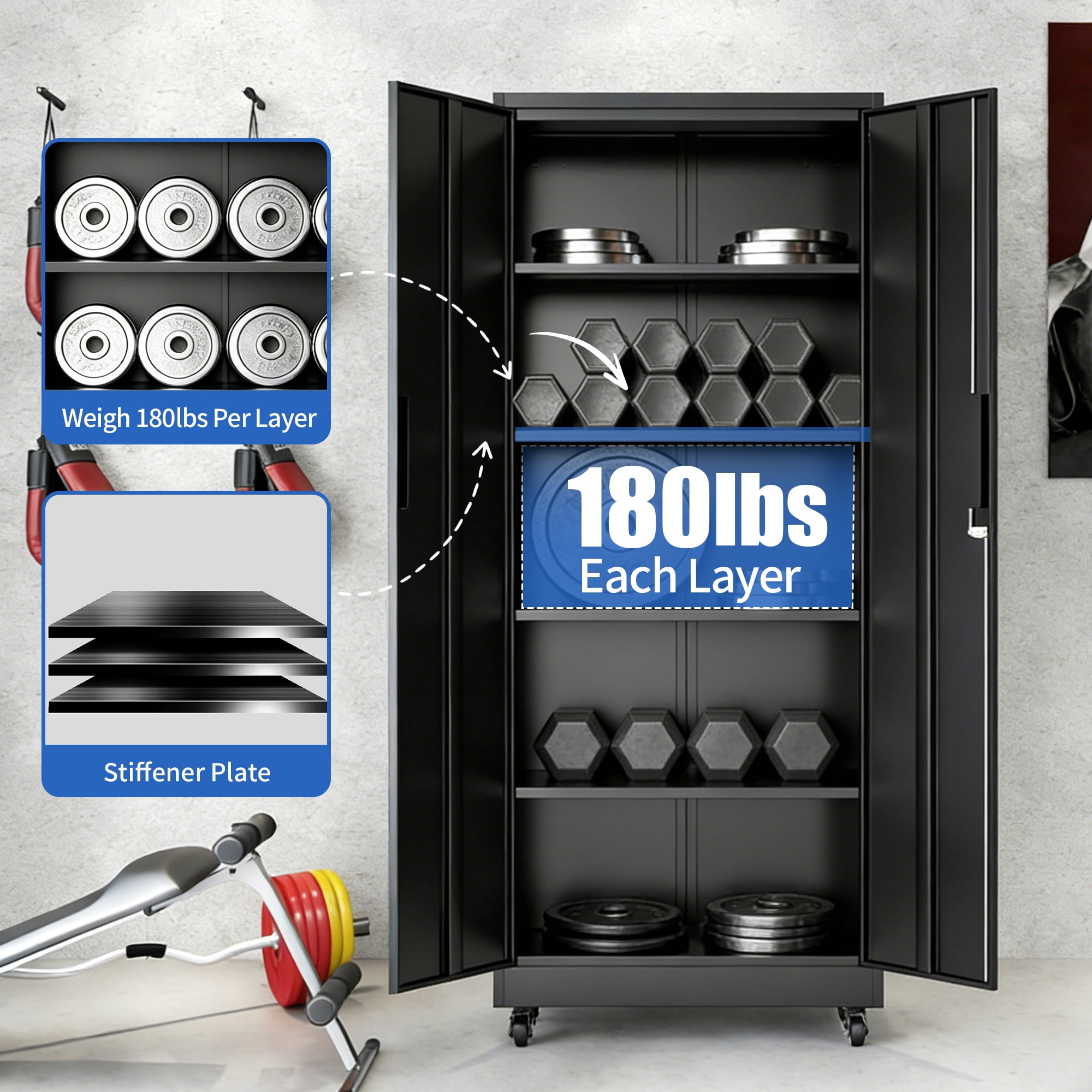 71"H Garage Storage Cabinet with Wheels and Lock, Heavy Duty Rolling Metal Cabinet, 4 Adjustable Shelves (180lb Each), 3-Point Locking Security, for Tool Organization in Garage, Workshop, Office