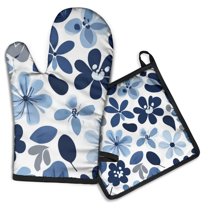 Blue Pioneer Flower Kitchen Oven Mitt and Pot Holder Sets 2 Pcs for Baking, Cooking and Grilling, Heat Resistant Up To 392 °F