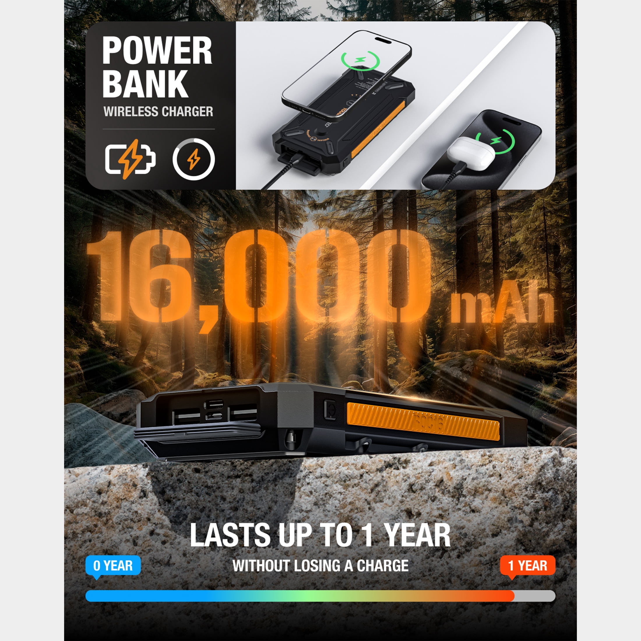 ToughTested ROC16 16,000mAh Solar Power Bank, Wireless Charging, USB-C PD, Rugged Waterproof Charger