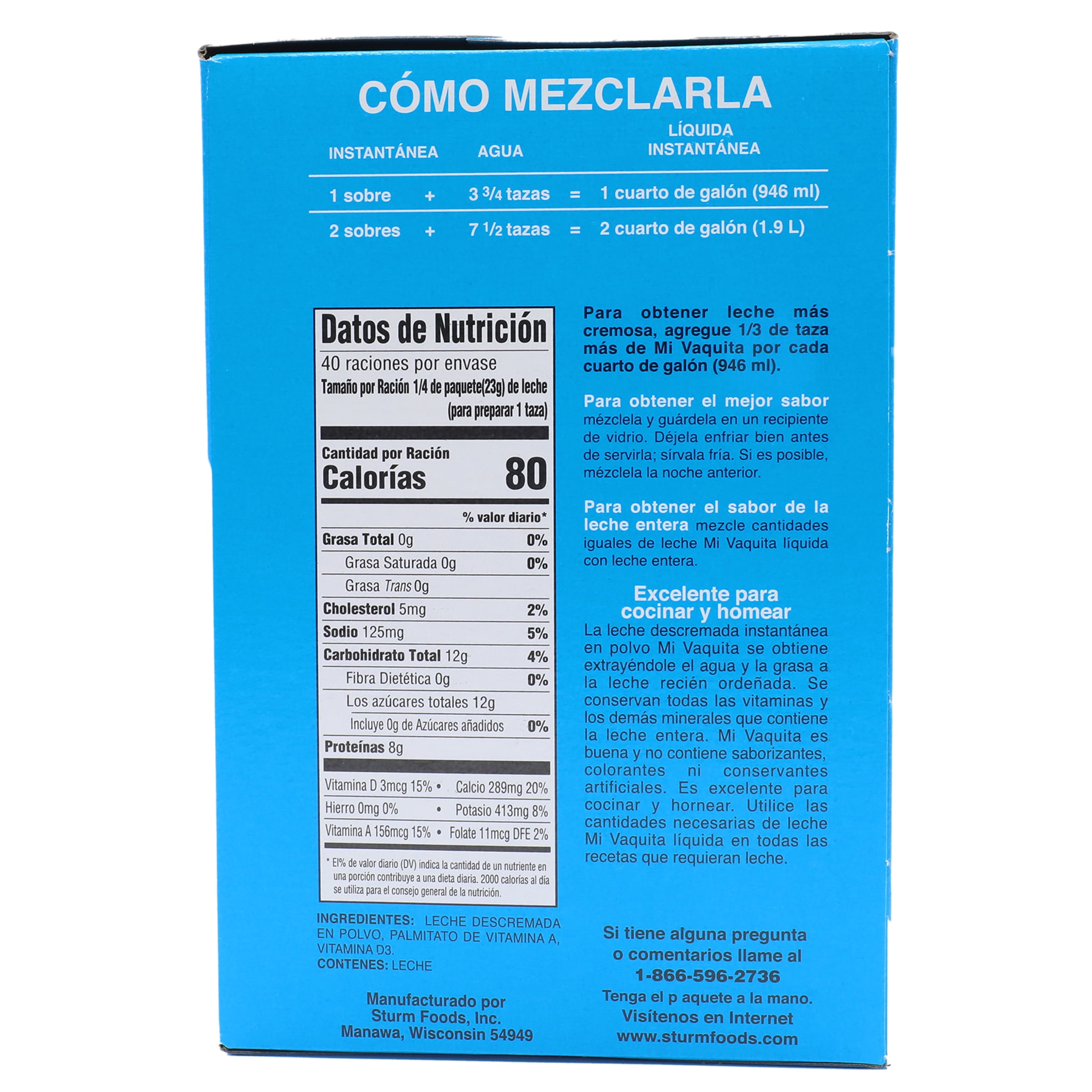Sturms Food Leche Mi Vaquita, Instant Powdered Non-Fat Milk, 3.2 oz. Pouch, 10 Quarts