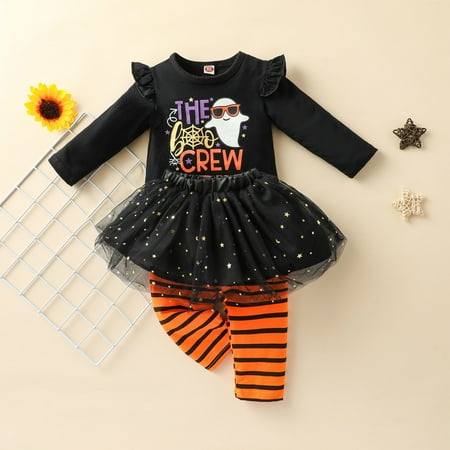 

BTJX Toddler Kids Girls Outfit Pumpkin Prints Long Sleeves Tops Stripe Pants Mesh Skirt 3pcs Set Outfits