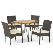 GDF Studio Santa Outdoor Acacia Wood and Wicker 5 Piece Dining Set with Cushion, Teak, Multibrown, and Cream