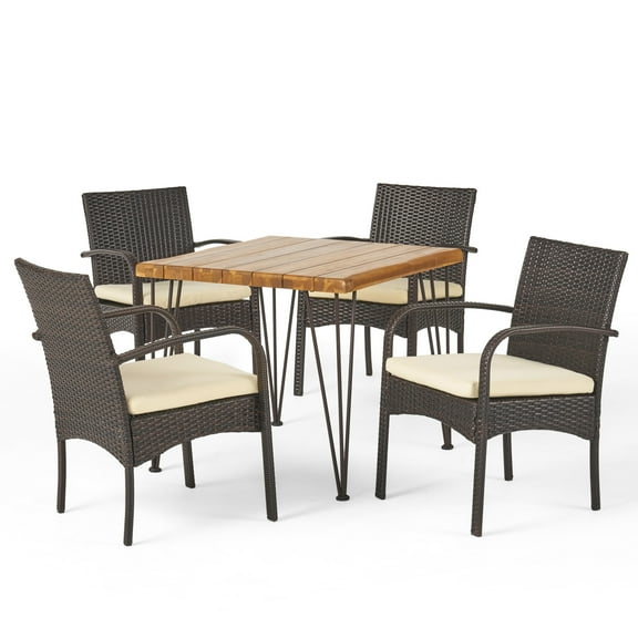 GDF Studio Santa Outdoor Acacia Wood and Wicker 5 Piece Dining Set with Cushion, Teak, Multibrown, and Cream