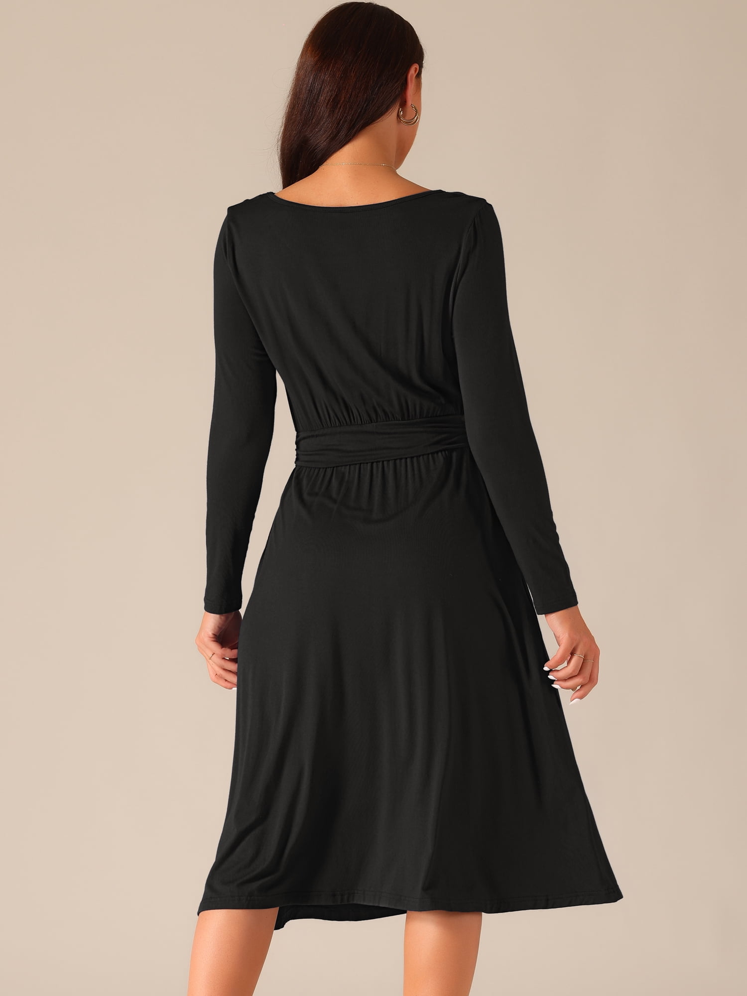 DARING DIVA Crew Neck Long Midi Sleeve Dress with Pockets M Black