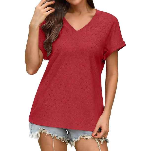 Xuyuer Womens T Shirts Short Sleeve V Neck Loose Casual Summer Tops Water Soluble Flower Solid Color Loose Comfortable Breathable T-shirt