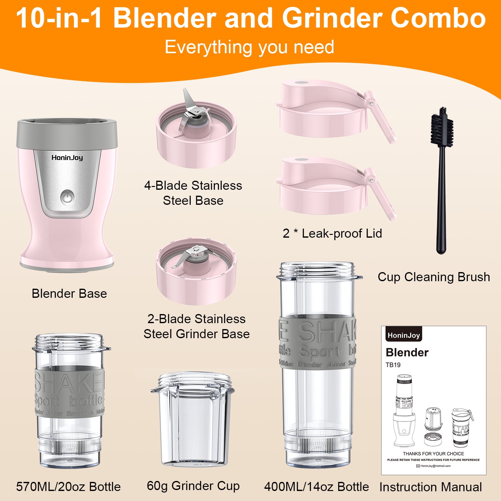 HoninJoy Portable Blender, Compact Personal Blender for-Smoothies, Shakes, Food Prep, and Frozen Blending, 20-oz. Cups and Spout Lids, Grinding Cup