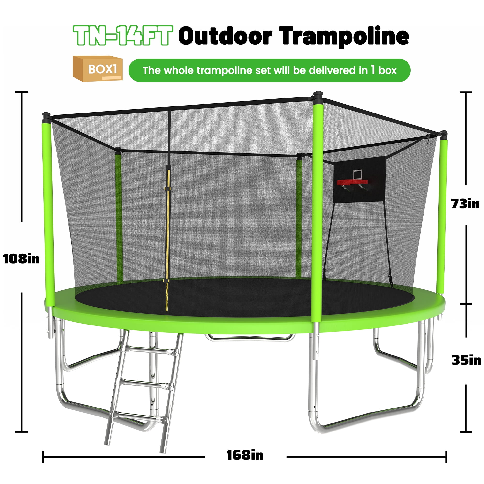 Leumius 14ft Trampoline with Basketball Hoop,Outdoor Trampoline with with Enclosure Net,Heavy-Duty Backyard Trampoline for Adults and Kids,Green