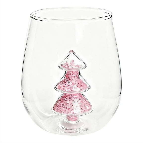 3D Drinking Glass Cup with Christmas Tree Figurine Inside, Christmas Stemless Wine Glass for Home Bar Christmas Party, 350ml