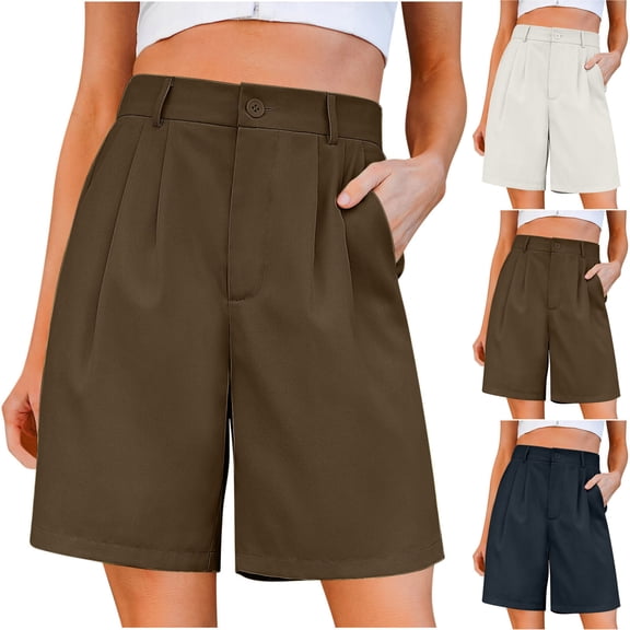 Hrsba Women's High Waisted Bermuda Shorts Straight Leg Loose Breathable Fabric with Pockets