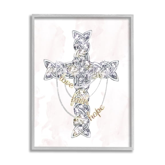 Stupell Industries Love Faith Hope Sentiment Glam Design Cross Religious Painting Gray Framed Art Print Wall Art, 16 x 20