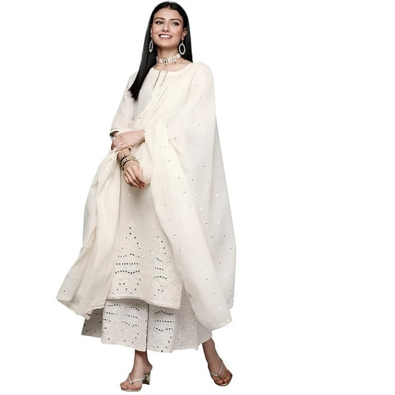 Libas Womens Embroidered Cotton Straight Kurta With Palazzos and Dupatta - Indian Ethnic Traditional Wear Kurta Set