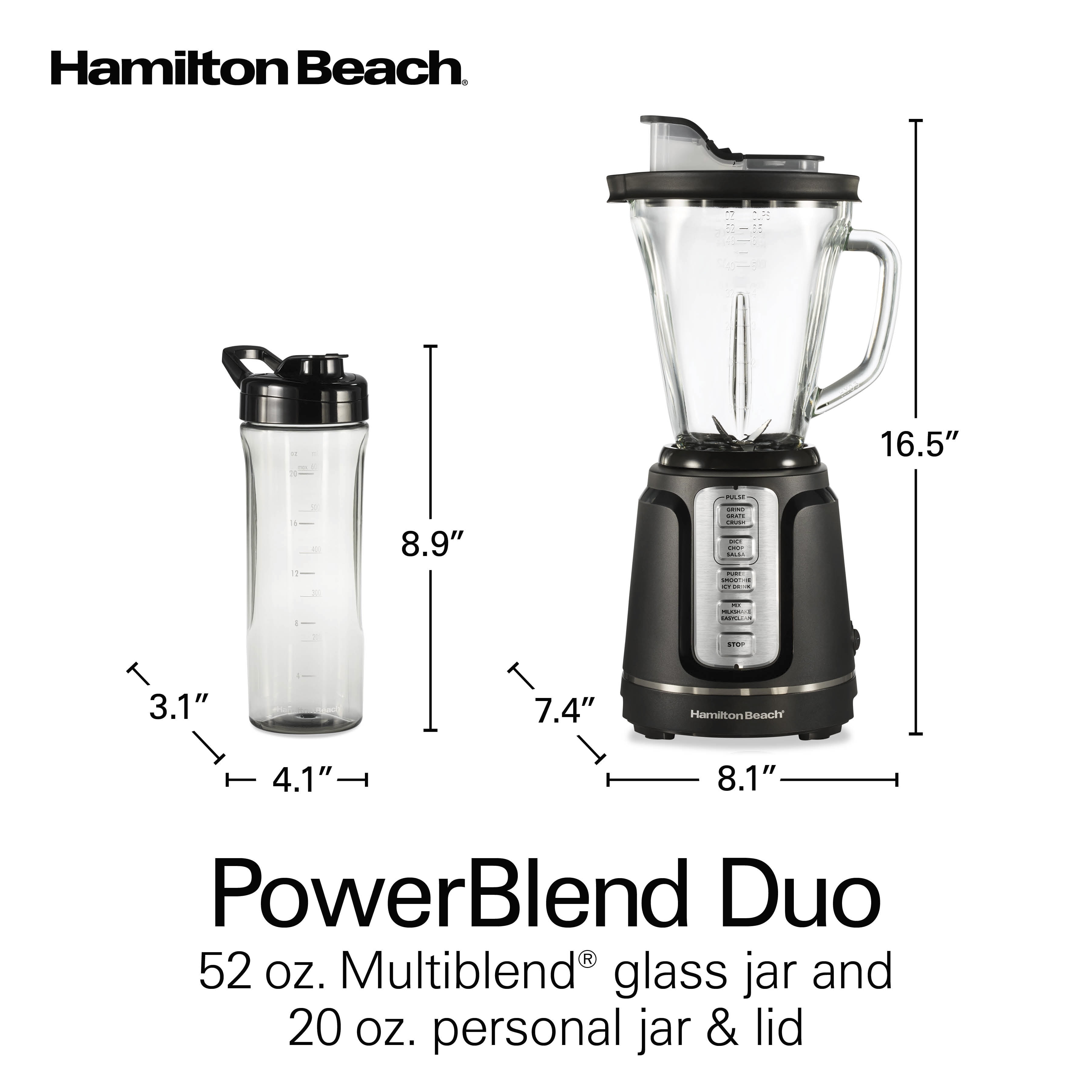 Hamilton Beach PowerBlend Duo Smoothie Blender for Kitchen, 52 oz Glass Jar & 20 oz. Personal Jar for Smoothies and Shakes, Black and Silver