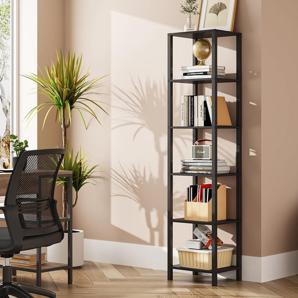 Bookshelf TUTOTAK - Estantería alta y estrecha de 6 niveles, color negro