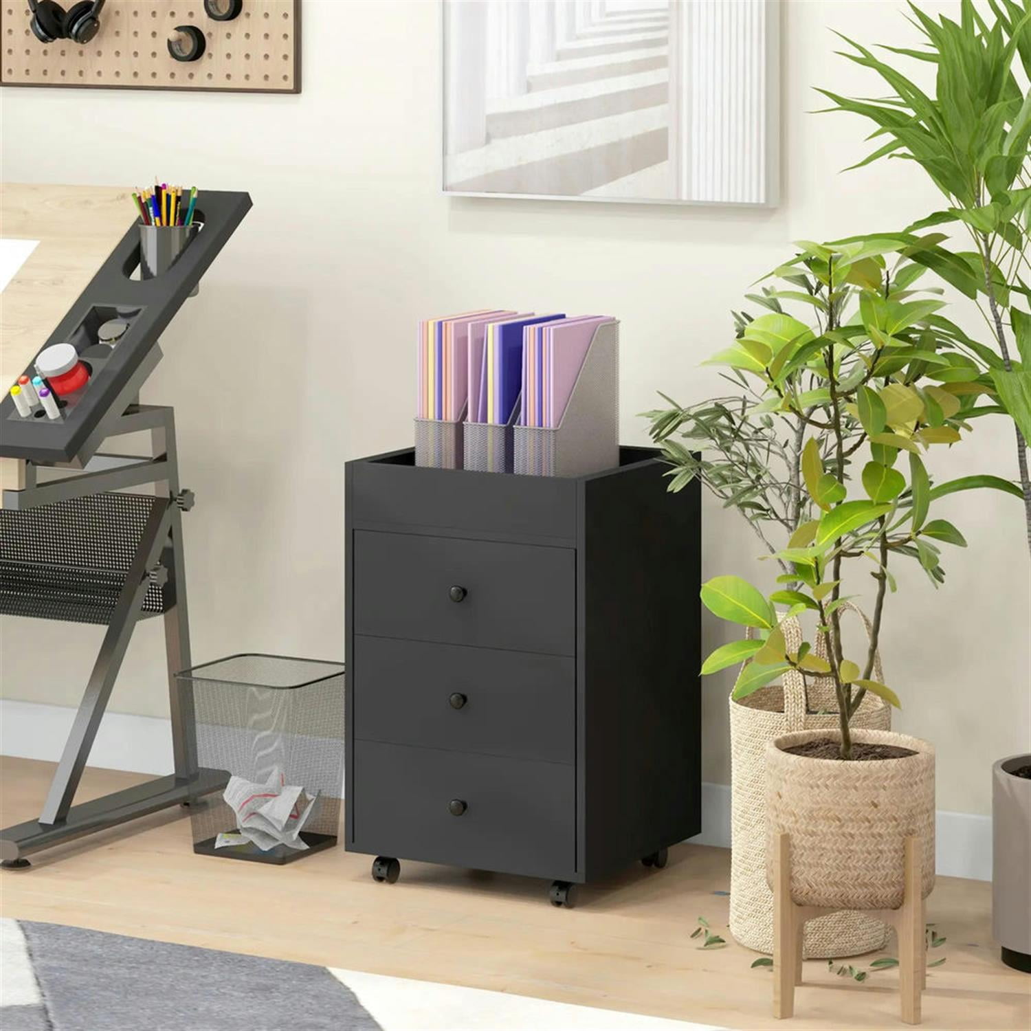 Demi Bonn Rolling Filing Cabinet with Castors, Modern 3 Drawer File Cabinet with Top Tray Under for Home Office, Desk Printer Stand, Black