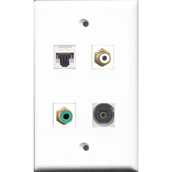 RiteAV 1 Port RCA White and 1 Port RCA Green and 1 Port Toslink and 1 Port Cat5e Ethernet White Wall Plate