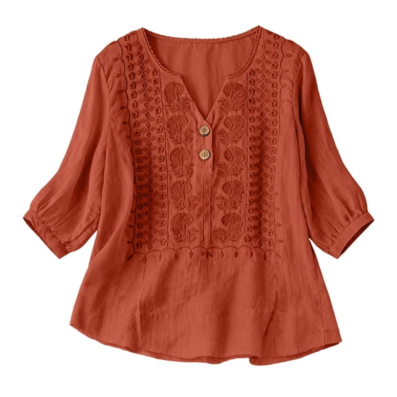 Womens Blouses Fashionable Casual Solid Color Pleated Cotton And Linen 3/4 Sleeves Tops