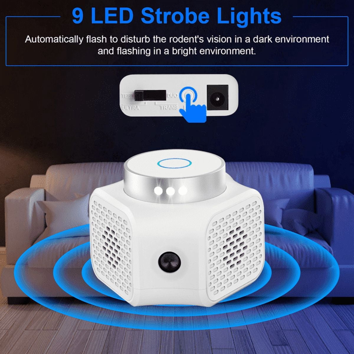 Indoor Ultrasonic Electronic Device, Dual Ultrasonic Speakers with 22‑35KHz & 25KHz Frequency, 4 Operation Modes, 9‑LED Strobe Light, Rated 3229 Sq.ft Coverage for Home Garage Basement Warehouse