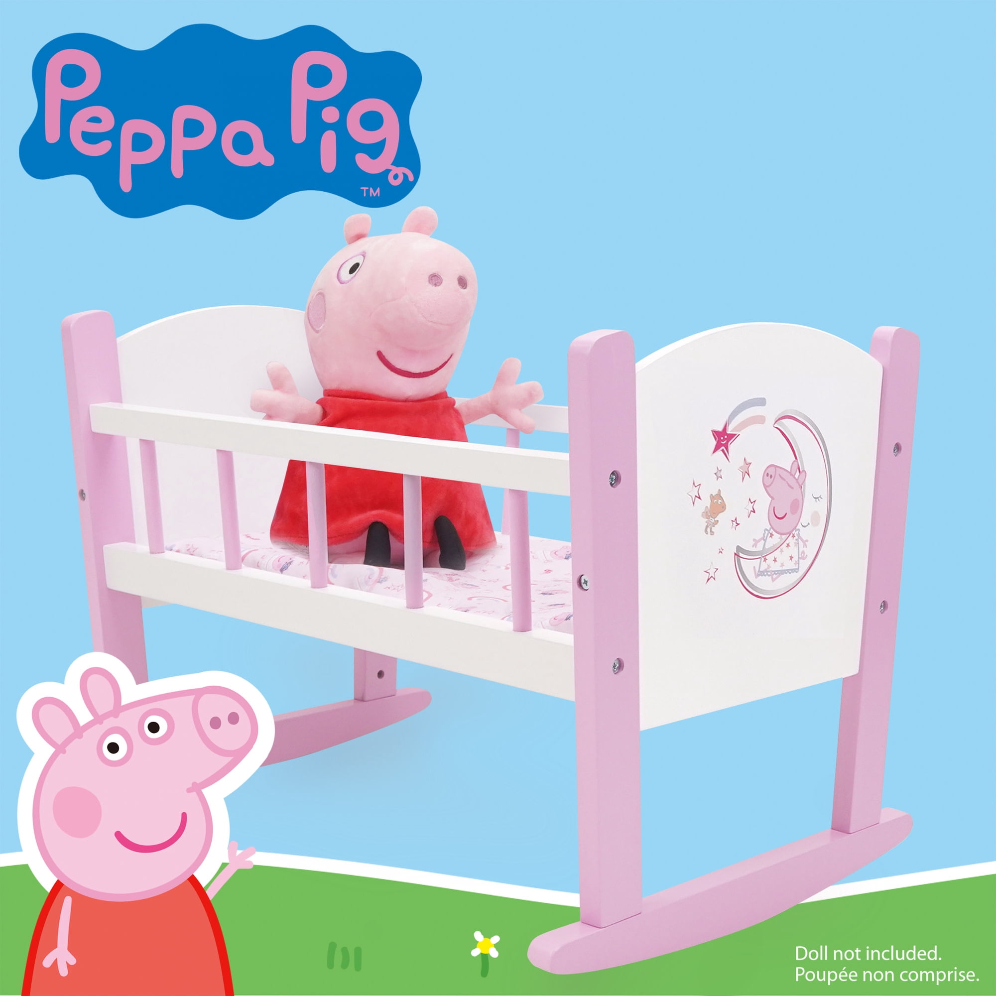 509 Crew: Peppa Pig - Wooden Doll Cradle - Pink-White-Moon, Rocking Bed, Pillow & Blanket, Doll & Plush Sleeping Accessory, Roleplay Toy, Kids 3+