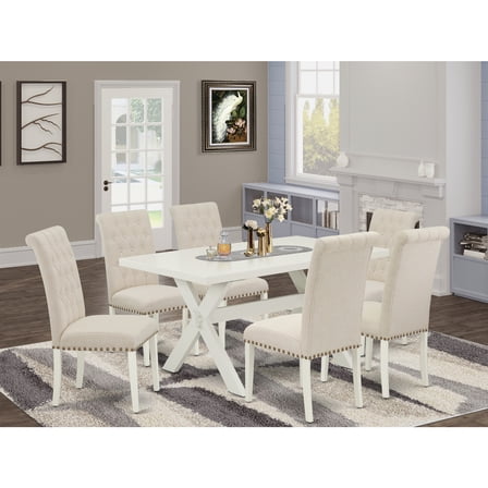 Dining Table Set with 6 Chairs, Rectangular Wood Table & Beige Linen Upholstery