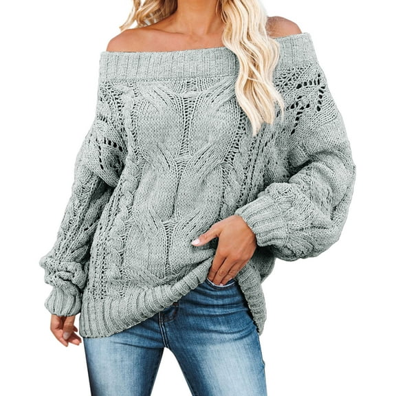 RMGVDSD Sweaters For Women Off Shoulder Tops Long Sleeve Knit Shirt Pullover Sweater Jumper Tops Casual Warm Sweater Solid Color Fashion Basic Sweater Tops /Grey