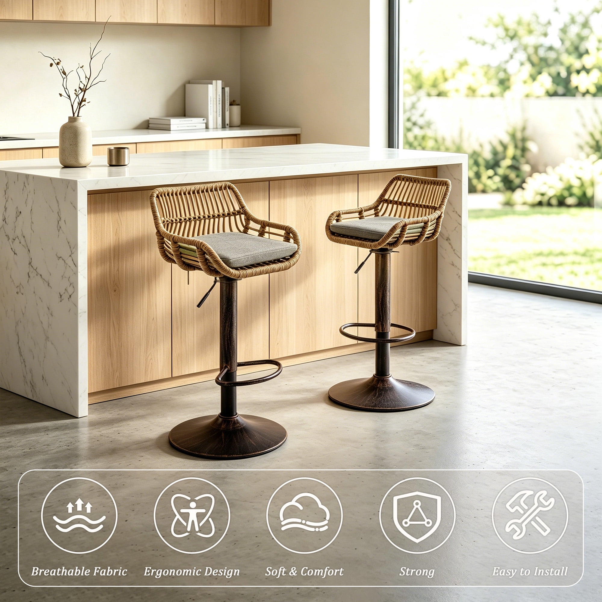 MOONMISS Swivel Bar Stools Set of 2, Modern Adjustable Counter Height Barstools with Back, Rattan Bar Chairs with Cushions & Metal Footrest, Pub Stools for Kitchen, Bar, Dining Room,Gray