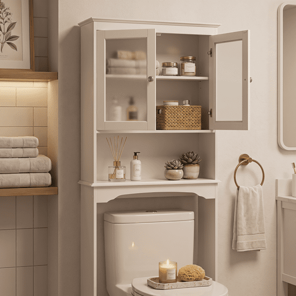 PAWON Over The Toilet Storage Cabinet Shelves with Frosted Glass Doors, Bathroom Space Saver, White