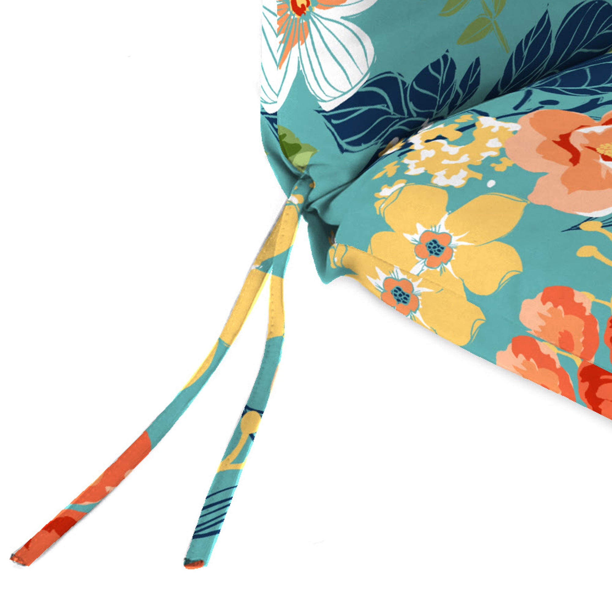 Jordan Manufacturing 44" x 22" Senorita Pelican Turquoise Floral Rectangular Outdoor Chair Cushion with Ties and Hanger Loop