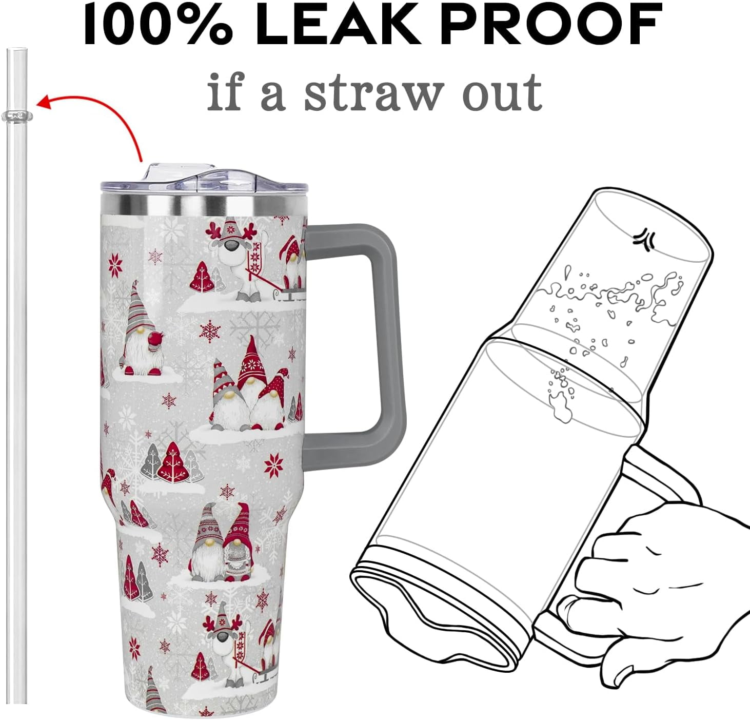 Christmas Gifts 40 oz Tumbler with Handle and Straw Lid,Cute Gifts for Women Winter Gnome Vacuum Insulated Leak Proof Tumbler,Holiday Accessories Stainless Steel Coffee Cup Mug (Red)