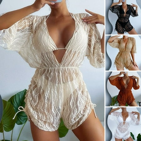 sunsanly 3Pcs/Set Women Swimwear with Tunic Cover-Up V-neck Lace Up Halterneck Drawstring Swim Pool Matching No Underwire Hollow Out Jumpsuit Bikini Set Water Sports Accessory