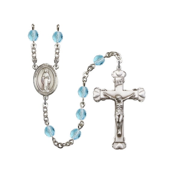 Virgin of the Globe Silver-Plated Rosary 6mm March Light Blue Fire Polished Beads Crucifix Size 1 5/8 x 1 medal charm
