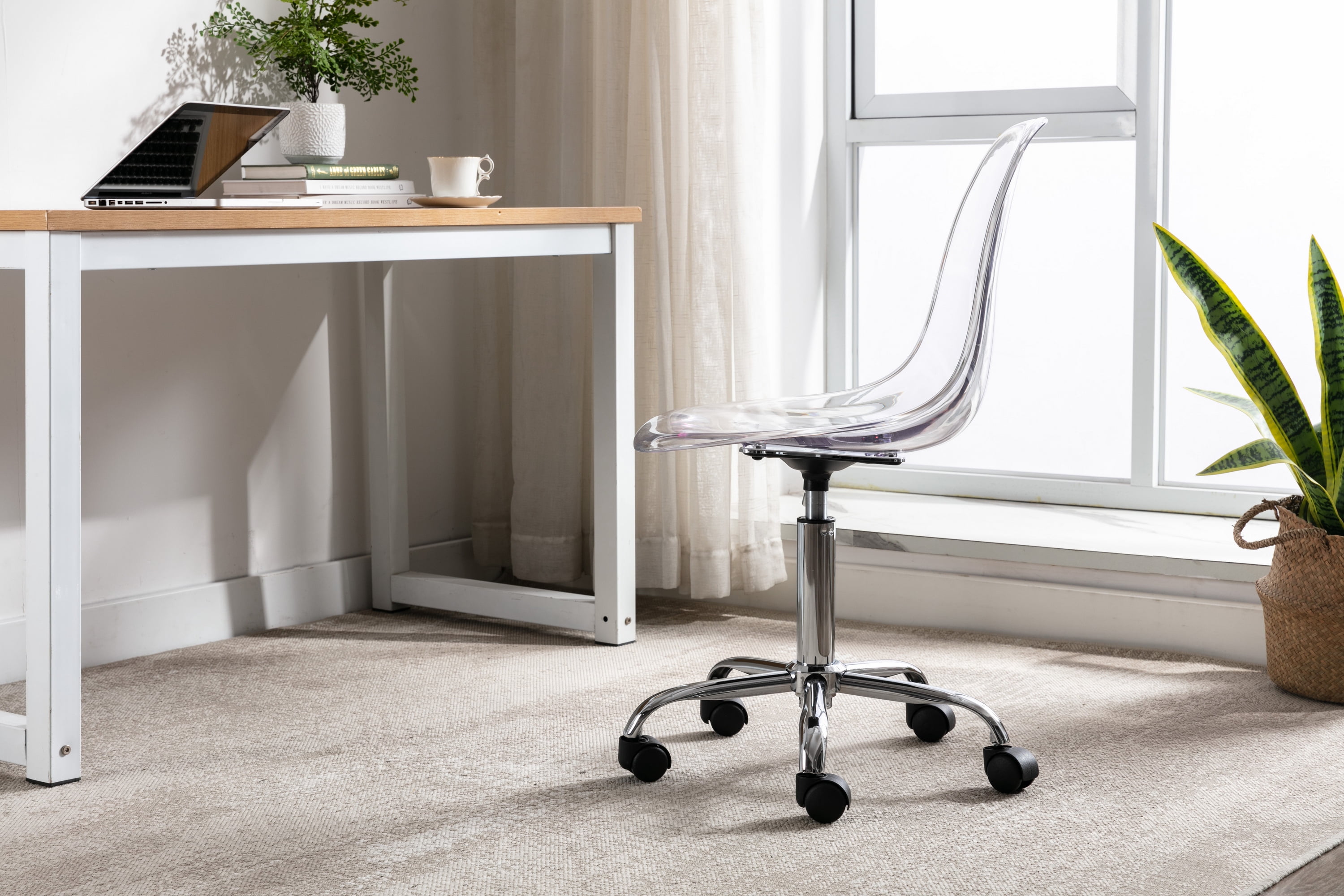 Luccalily Clear Acrylic Rolling Chair,Modern Small Cute Armless Vanity Rolling Plastic Chair Home Office Lucite Ghost Chairs with Adjustable Height and Wheels