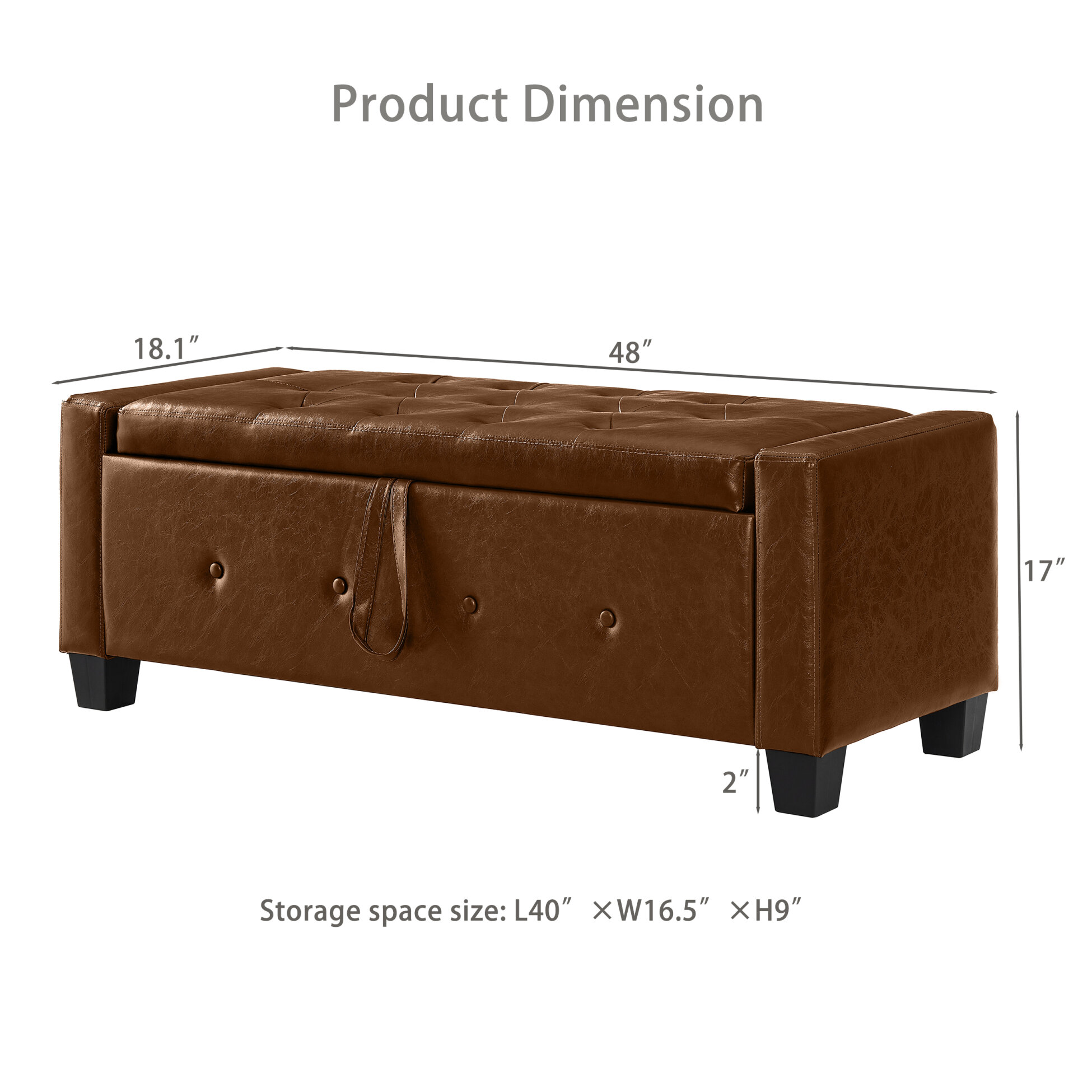 48" Storage Ottoman Bench, Upholstered Faux Leather Entryway Bench with Seating, Tufted Large End of Bed Ottomans for Living Room, Bedroom, Holds up to 300 lb, Brown