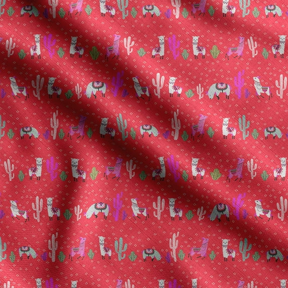Soimoi Llama Alpaca Printed, Poly Canvas Fabric, Decor Sewing Fabric by The Yard 56 Inch Wide,Decorative Fabric for Curtains Tote Bags, Red