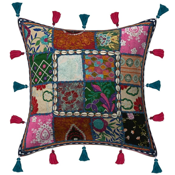 Stylo Culture Ethnic Decorative Throw Pillow Cover Vintage 16x16 Embroidered Patchwork Sea Shells Dark Blue Boho Hippy 40x40 cm Bedroom Cotton Floral Square Cushion Cover | 1 Pc