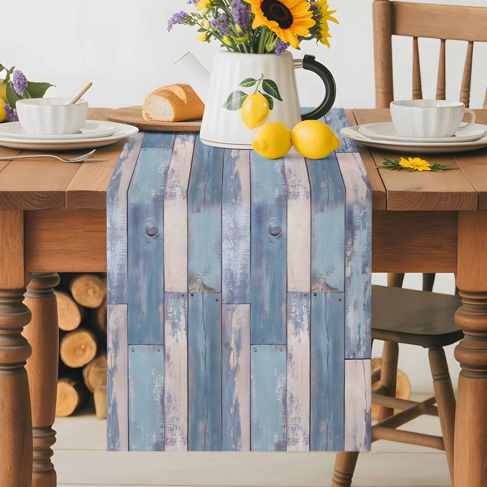 Blue Vintage Wood Grain Table Runner 90 Inches Long, Abstract Farmhouse Wooden Table Runners Tabletop Scarf Kitchen Dining Tables Decoration for Home Party Indoor Outdoor