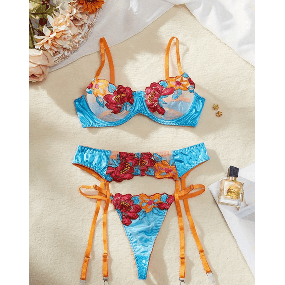 Silk Blue Lingerie Set Floral Garter