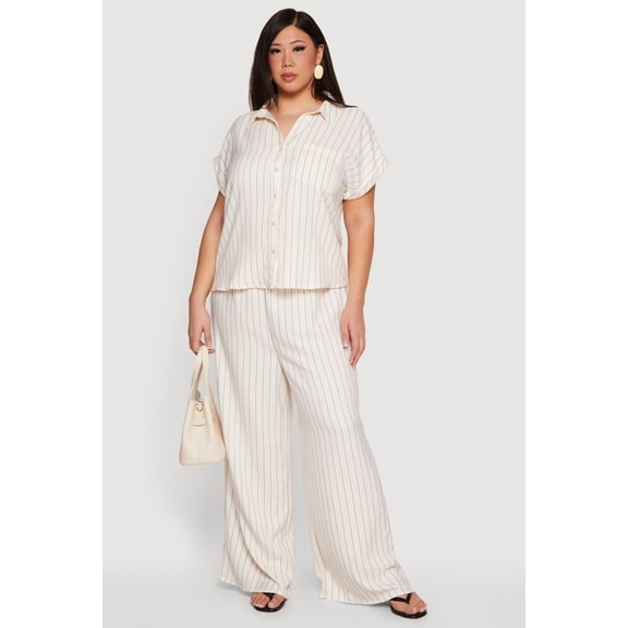 Women's Plus Size High Waisted Wide Leg Pinstripe Pants