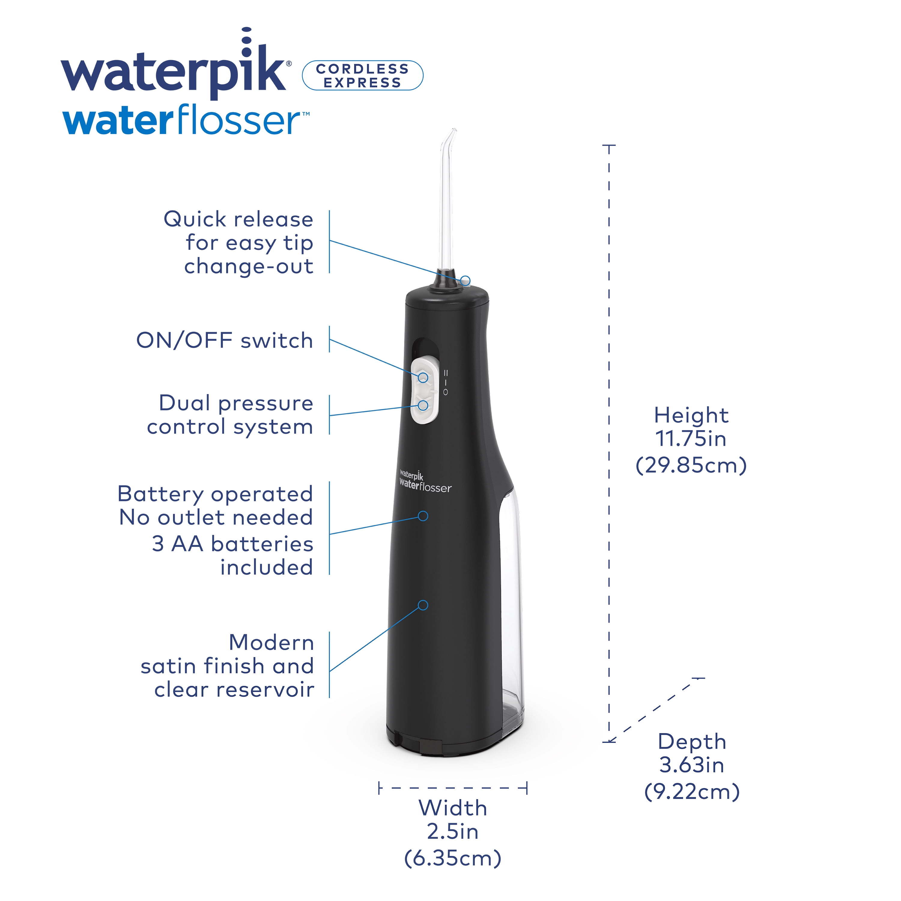 Waterpik Cordless Express Portable Water Flosser with 2 Settings, 2 Tips, ADA Accepted, Black (Packaging May Vary)
